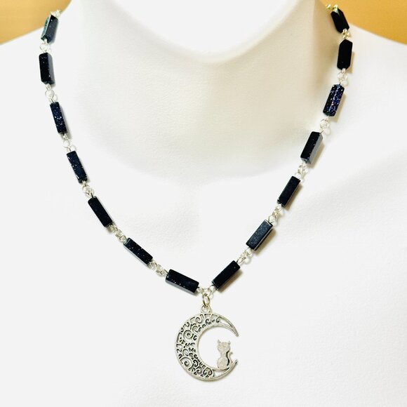 Dark Blue Goldstone Short Necklace w/ Silver Cat on the Moon Pendant - Picture 2 of 14
